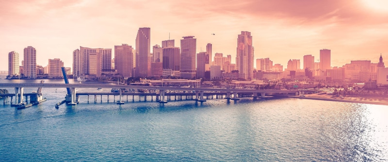 city life, water, travel destinations, bay, building exterior, downtown district, office building exterior, sunset, bridge, city, transportation, Miami