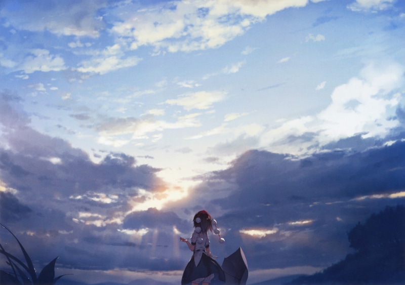 2K, ke-ta, umbrella, sky, clouds, Shameimaru Aya, Touhou