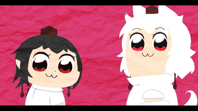 chibi, digital composite, close-up, anime, anime girls, Inubashiri Momiji, parody, manga, Touhou, creativity, transfer print, red, Pop Team Epic, representation