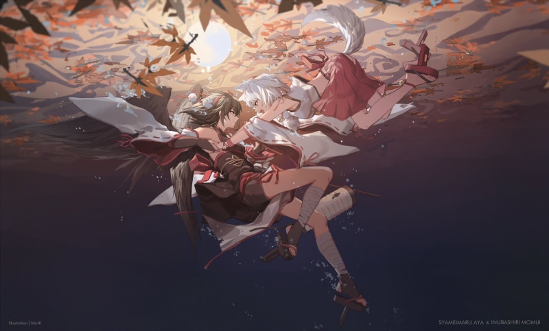 Inubashiri Momiji, 1080P, anime girls, water, anime, Touhou, tail, Aya Shameimaru, leaves, underwater
