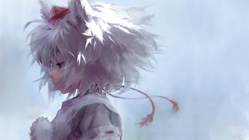hair, Inubashiri Momiji, project, headdress, feather, young adult, one person, anime girls, short hair, snow, white color, bird, winter, Touhou, art, simple background