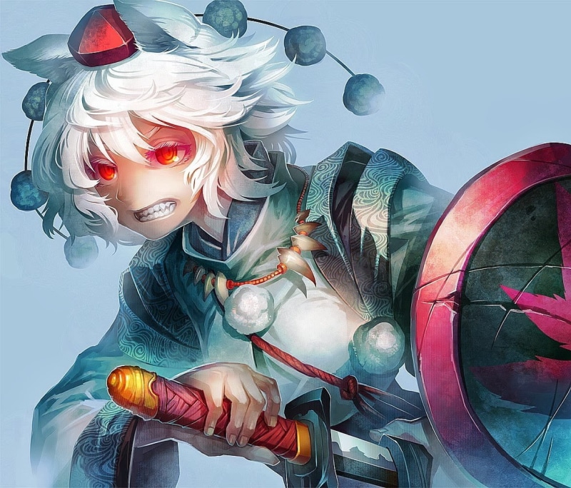 shield, innocence, females, emotion, beautiful people, one person, blond hair, 480P, sword, hat, anime, portrait, adult, Inubashiri Momiji, young women