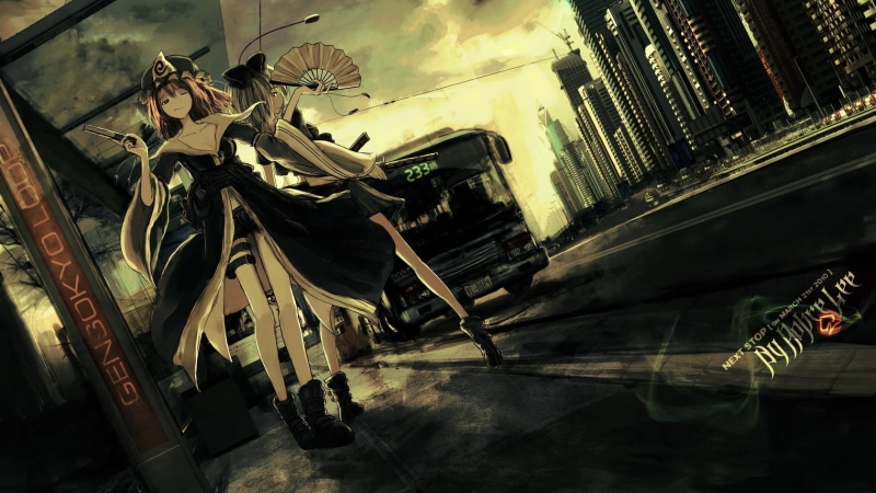 human representation, art and craft, building exterior, nature, Touhou, representation, tilt, low angle view, building, mode of transportation, day, architecture
