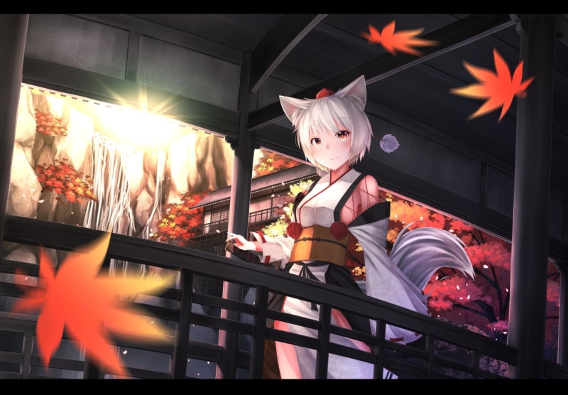 animal ears, anime girls, orange eyes, nekomimi, Touhou, anime, Japanese clothes, 720P, short hair, Okamimimi, Inubashiri Momiji, white hair