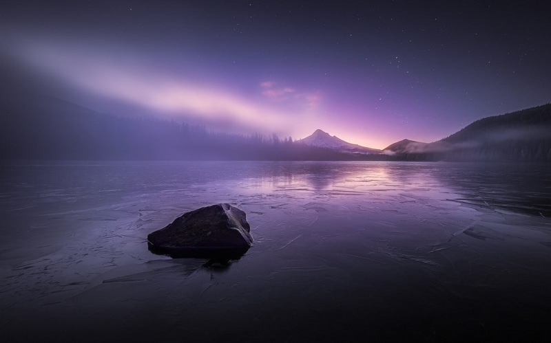 mountain, sunset, winter, digital, star - space, reflection, sea, frost, boulder, tranquil scene, starry night, mist, land, tranquility, sky, astronomy
