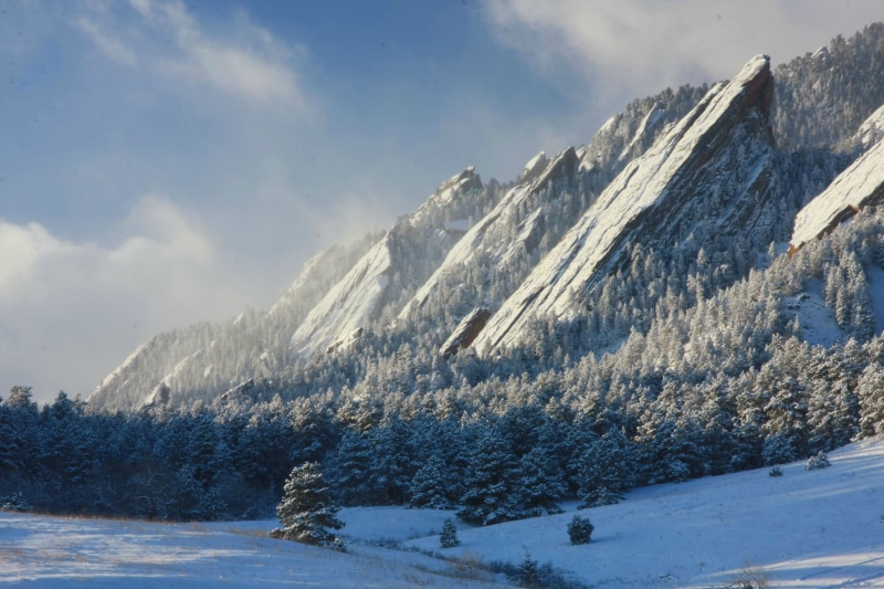 mountains, landscape, Flatirons, snow, Boulder, trees, 2K, Colorado, nature