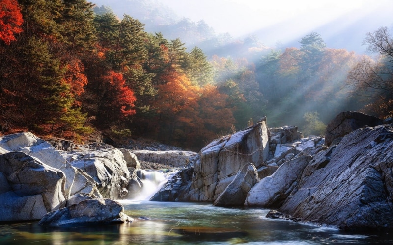 autumn, day, colorful, mountain, environment, blue, mist, white, power in nature, nature, outdoors, flowing Water, season, tree, landscape, stone, waterfall