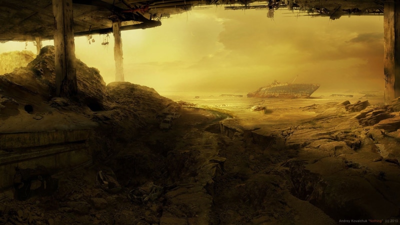 cloud - sky, landscape, apocalyptic, rock, boulder, architecture, artwork, science fiction, tranquility, 2010 (Year), land, abandoned, tranquil scene, nature
