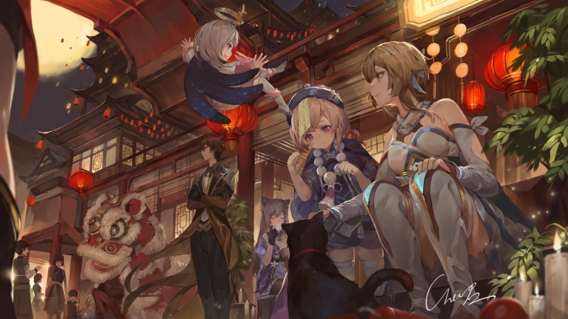 Qiqi (Genshin Impact), Genshin Impact, anime girls, Zhongli (Genshin Impact), Lumine (Genshin Impact), Paimon(Genshin Impact), cats, 5K
