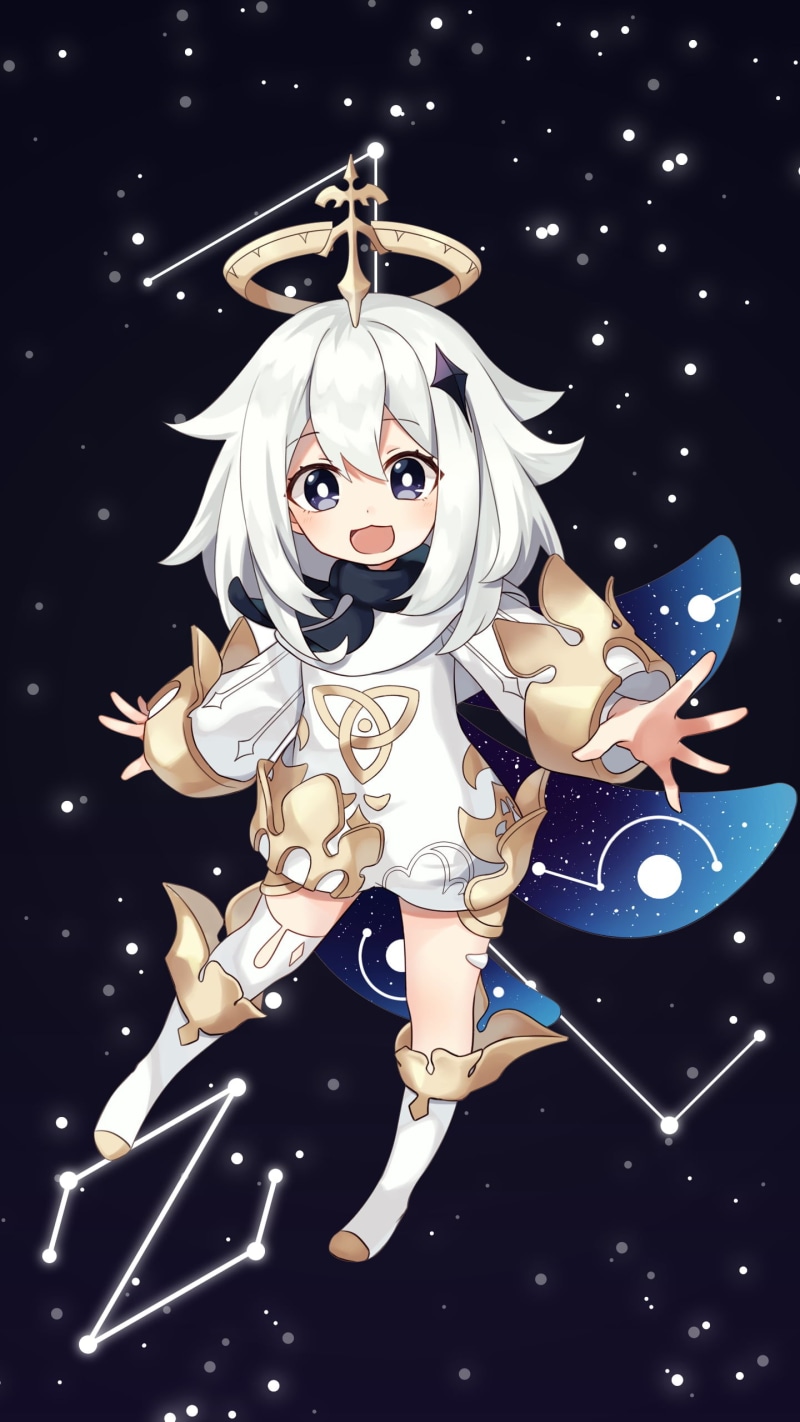 2K, fan art, galaxy, anime games, long hair, digital art, armor, video game art, white hair, artwork, Genshin Impact, boots, Paimon(Genshin Impact), video games