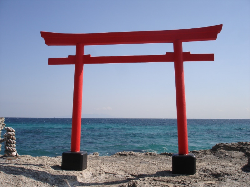 torii gate, land, no people, horizon over water, nature, red, tori, scenics - nature, traditional, clear sky, tranquility, belief, religion, asian red gate