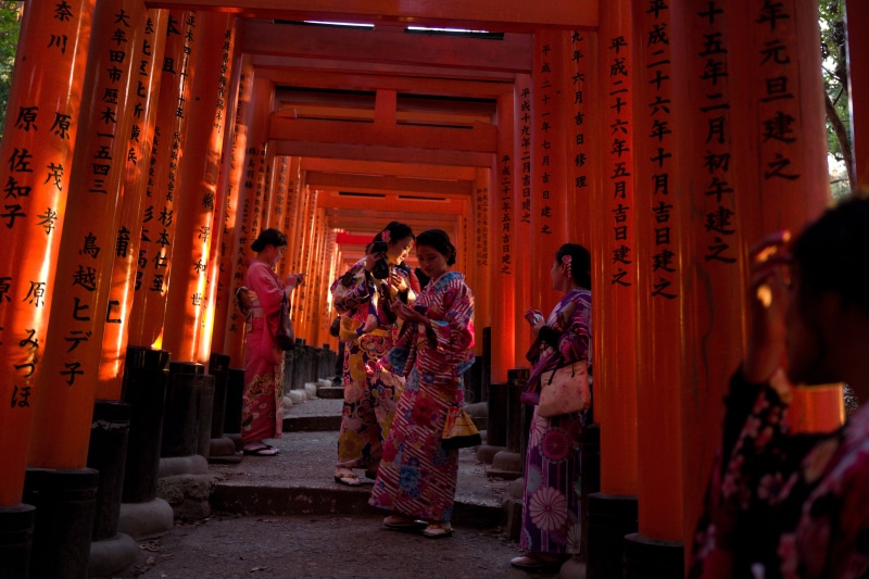 building, fashion, group of people, temple, worship, traditional clothing, 5K, backpack, spirituality, gate, gates, torii, background, tori, architecture