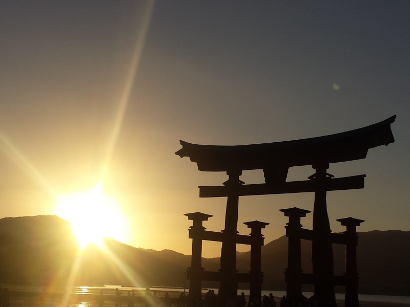 shinto, gate, sunrise - Dawn, spirituality, outdoors, sky, Japan, building exterior, belief, no people, cultures, sun, Sunset, history, silhouette, sunlight