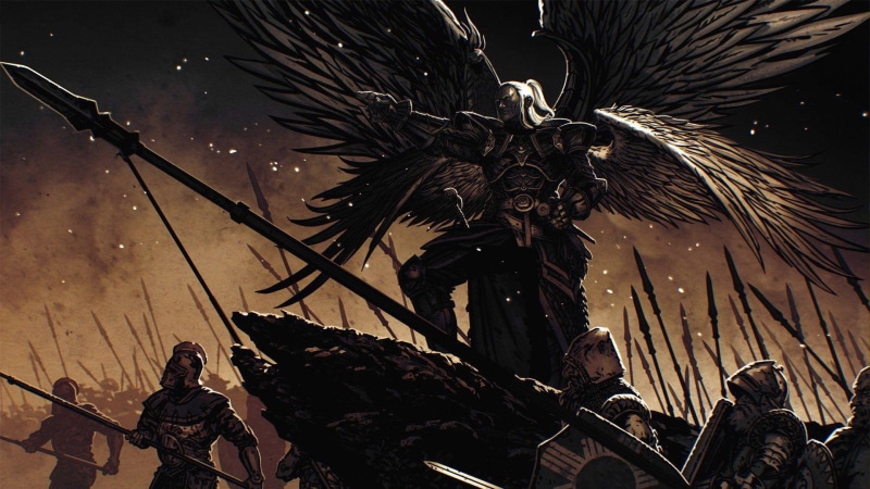 illustration, 1920x1080, warrior, angel, fantasy, leading, spear, army, 1080P, battle