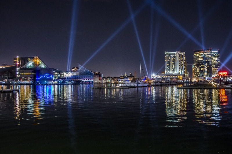 architecture, sky, cityscape, night, nightlife, display, skyline, 5K, urban, light beam, reflection, built structure, urban skyline, baltimore, nature