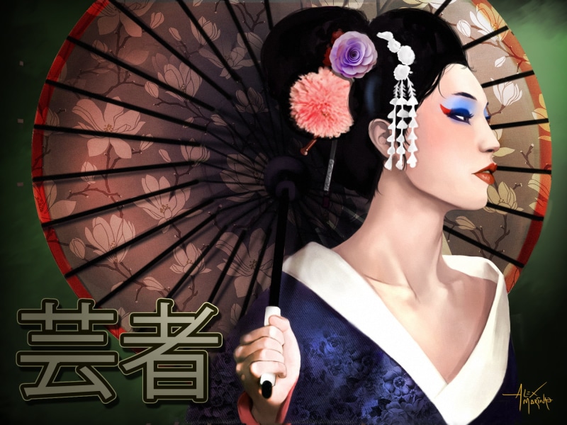 headshot, blue, traditional clothing, characters, girl, lifestyles, umbrella, make-up, art, Memoirs of a Geisha, floral, headdress, beautiful woman, portrait