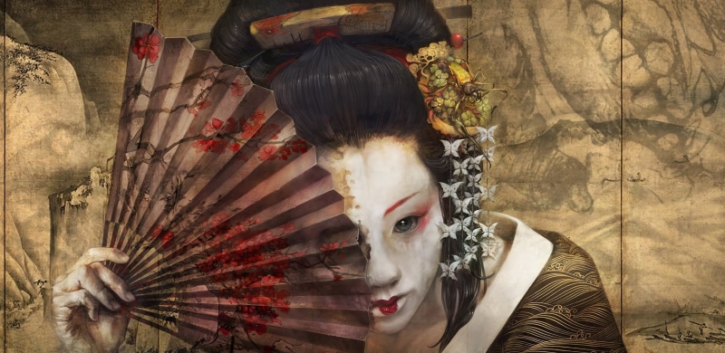 1080P, hairstyle, face, makeup, memoirs of a geisha, spider, comb, fan, Grimm, by Othon Nikolaidis, flower in hair, geisha