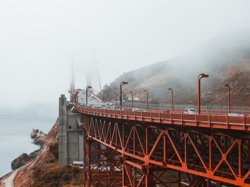 traffic, sfo, cali, river, water, golden Gate Bridge, famous Place, red, orange, highway, scenics, mist, san Francisco County, uSA, bridge - Man Made Structure