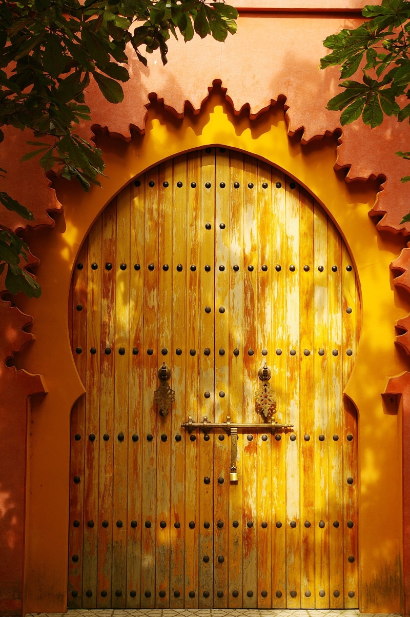 traditional, antique, door, light, built structure, ornate, wall, gate, outdoors, brown, gold, plant, sunlight, wooden, color, orange color, safety, orange