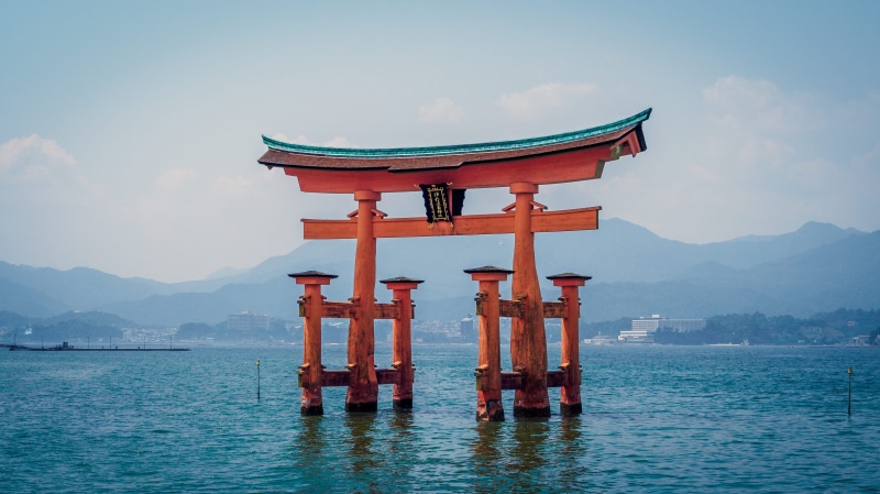 tourism, japan, monument, water, surrounded, ocean, travel, city, architecture, torii, sky, tranquil scene, mountain range, cloud, mountain, sea, shrine