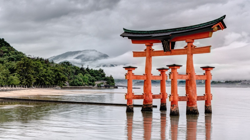 landmark, sky, spirituality, japan, belief, outdoors, tranquility, japanese, water, nature, red, architecture, temple, beauty in nature, religious, built structure