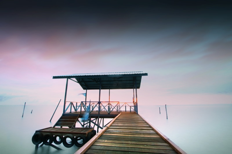 orange, view, fog, dock, sunset, light, cloud - sky, summer, built structure, water, suspension, outdoor, long, design, no people, golden, horizon, sea