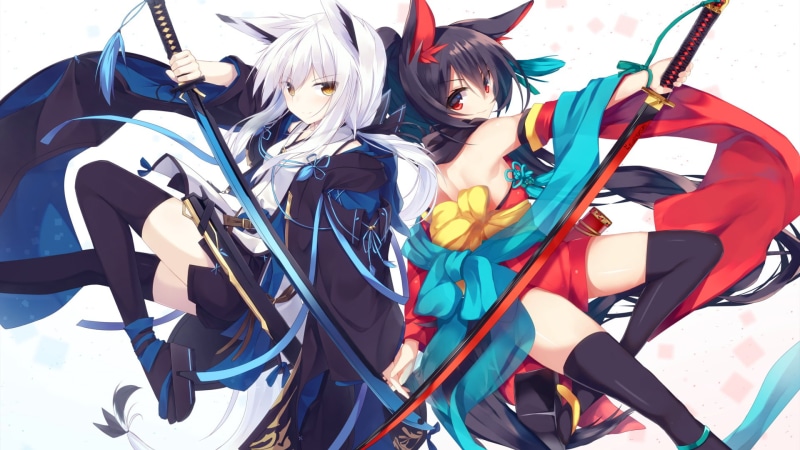 Anime, 1080P, Sword, Original, Thigh Highs, Girl, Red Eyes, Kitsune, Black Hair, Long Hair, White Hair, Yellow Eyes