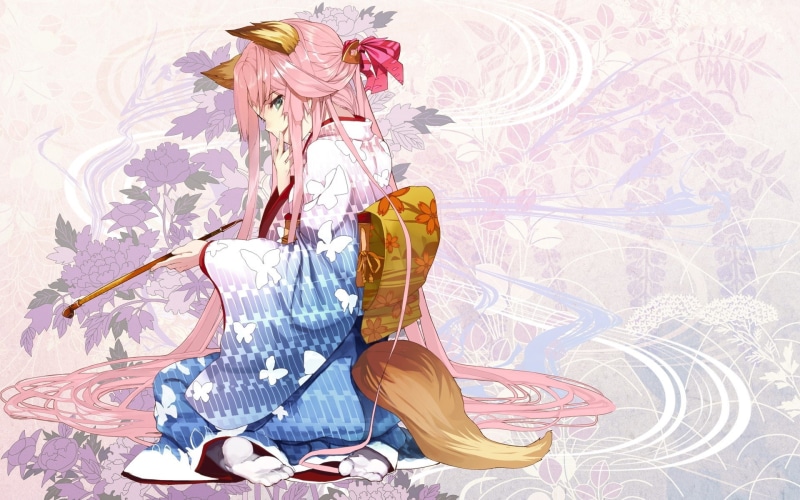 Kimono, Tail, textile, bed, lifestyles, human body part, relaxation, art and craft, body part, Kitsune, people, clothing, women, indoors, 1080P, Ears