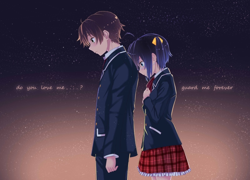 coffee, chuunibyou, kitsune, shitai, yuuta, koi, togashi, skirt, eyepatch, seifuku, rikka, takanashi, 2K, demo, stars, night, short, hair
