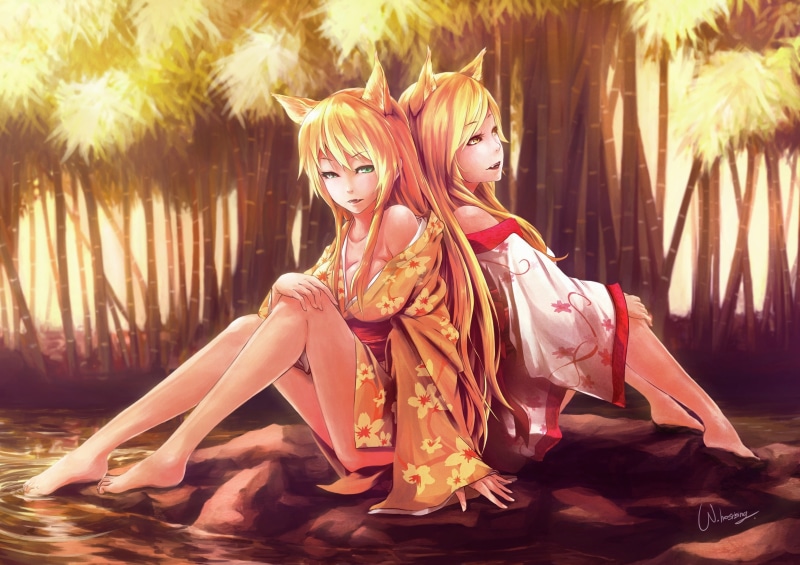 kitsune, original, 2K, girls, kimono, legs, anime