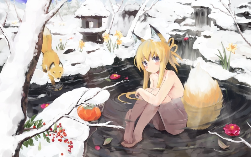 winter, fox, hd, animal, 1080P, nature, animals, hair, blondes, long, water, original, ears, bathing, tails, art, flowers, trees, kitsune