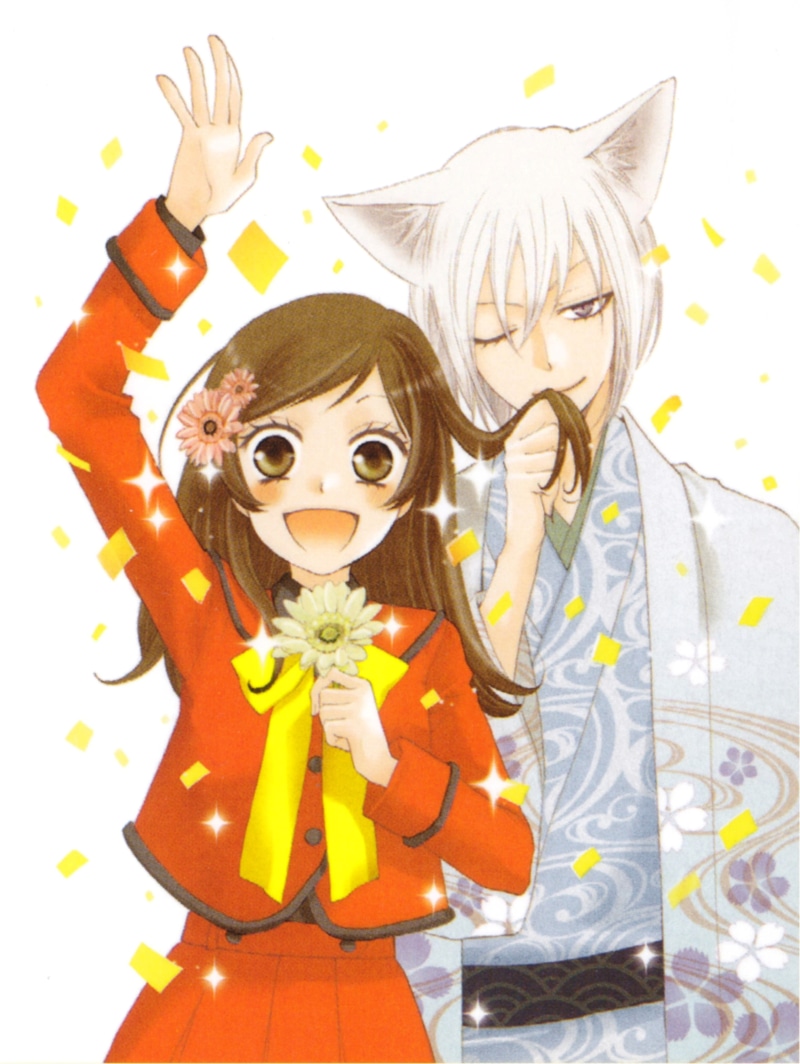 purple, happy, hair, eyes, brown, hairpins, white, kimono, wink, kitsune, flower, short, kiss, kamisama, smile, seifuku, long, mimi, blush, 4K
