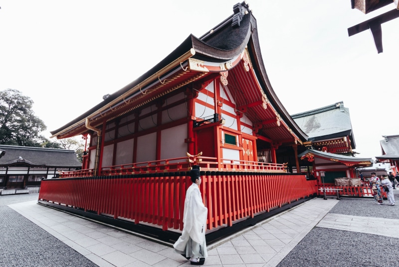 vehicle, real people, human, worship, red, rear view, belief, clear sky, clothing, apparel, train, nature, religion, 4K, flagstone, kyoto, fushimi inari shrine