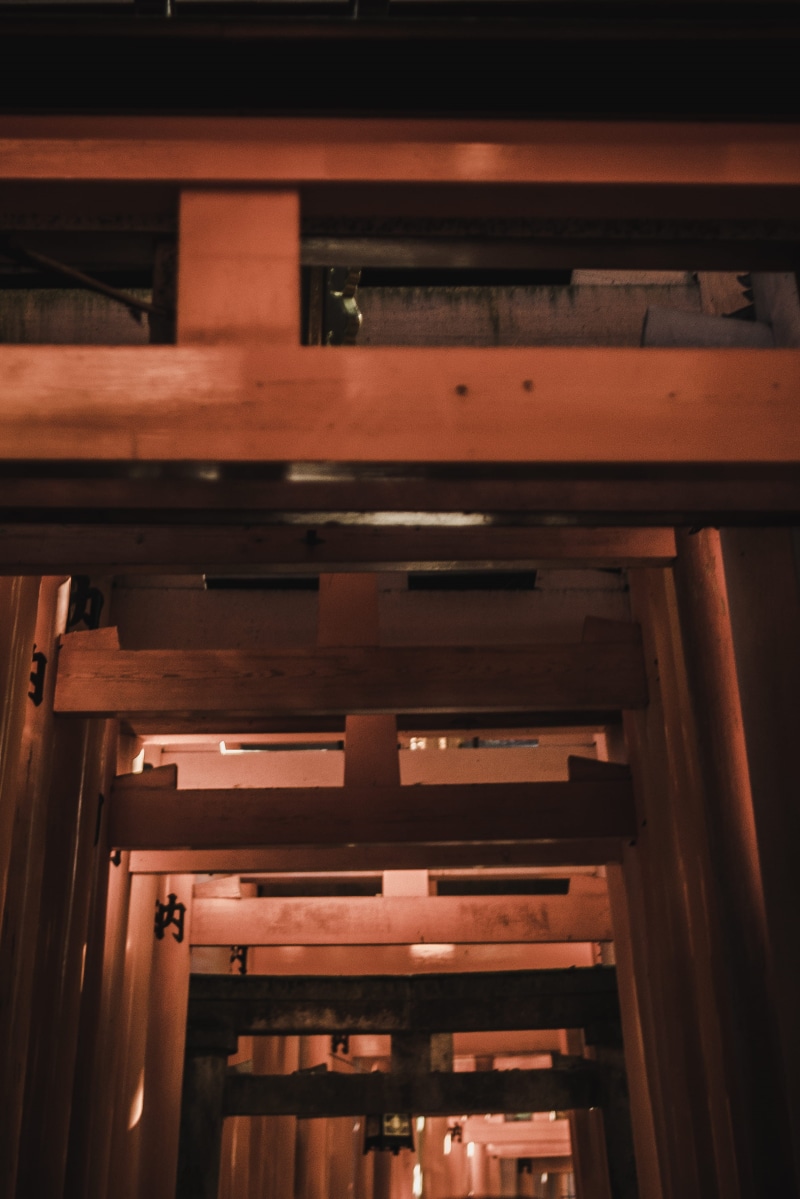 religion, ceiling, kyoto prefecture, absence, architecture, indoors, brown, 2K, building, wood - material, no people, repetition, inari shrine, night