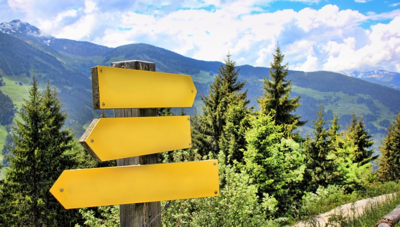 signs, mountain, hike, scenics - nature, symbol, road Sign, trail, blank, arrow, guidance, alpine, tree, hiking, outdoors, mountains, directory, sky, directional sign