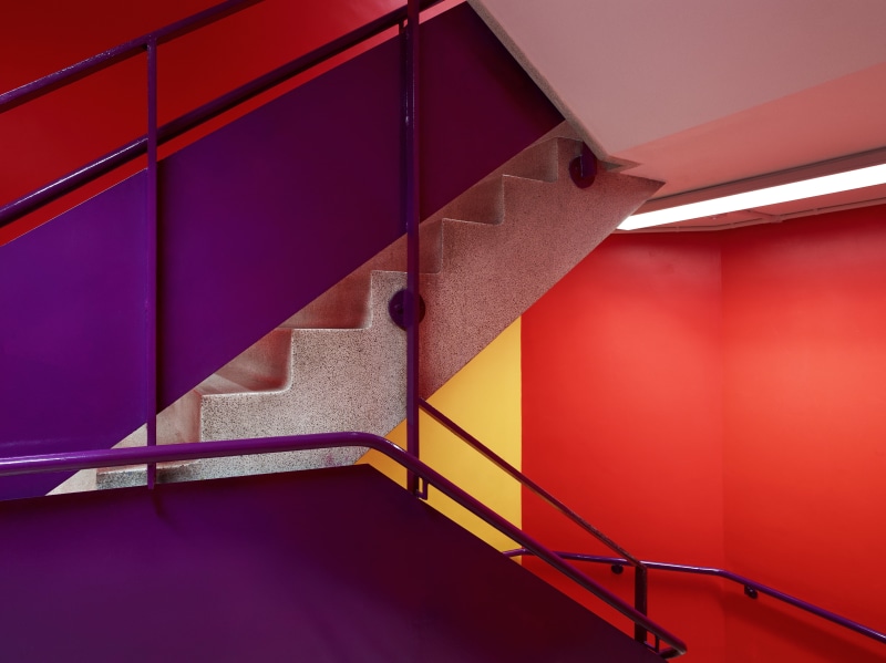 built structure, metal, pattern, no people, connection, architecture, 5K, stairs, purple, day, absence, railing, close-up, colorful, red, directly below