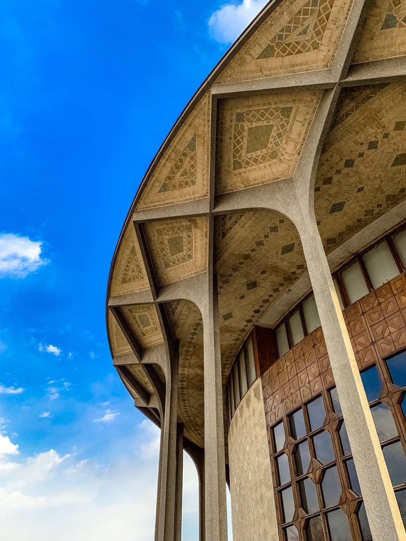 tehran, window, architecture, history, belief, religion, building, blue, flare, way, low angle view, city theater of tehran, banister, 4K, wood, azure sky