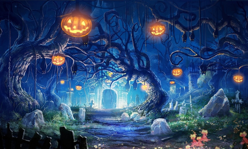 graves, the crypt, lights, 1080P, art, pumpkin, bats, trees, helloween, stones, night, cemetery