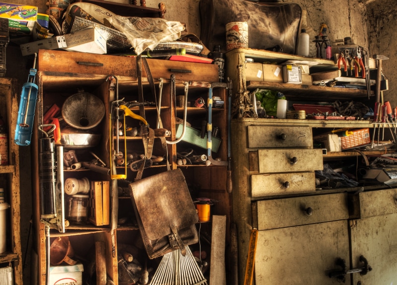 garage, aged, metal, 4K, abundance, variation, large group of objects, equipment, abandoned, arrangement, indoors, tool, obsolete, work tool, damaged