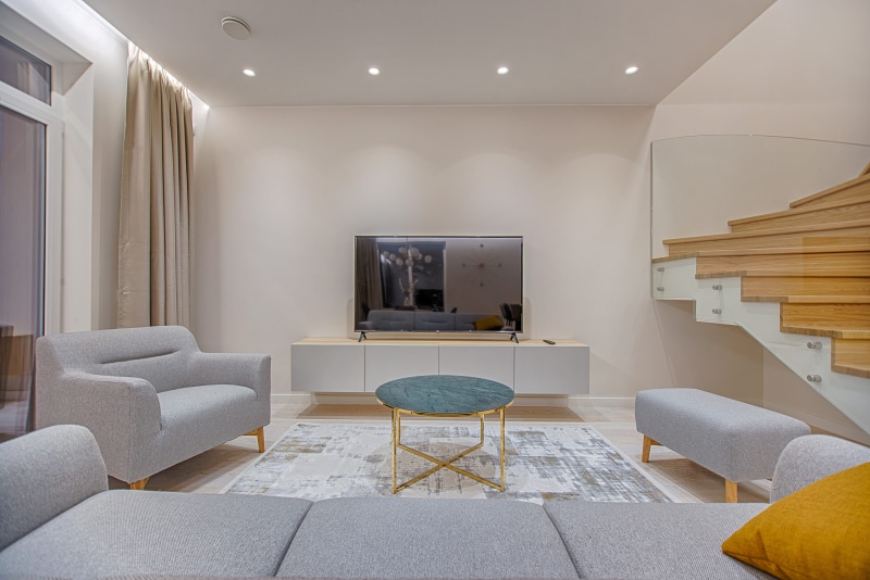 luxury, ceiling, clean, floor, coffee table, stairs, cushion, absence, contemporary, technology, living room, room, cabinet, flat screen, home showcase interior