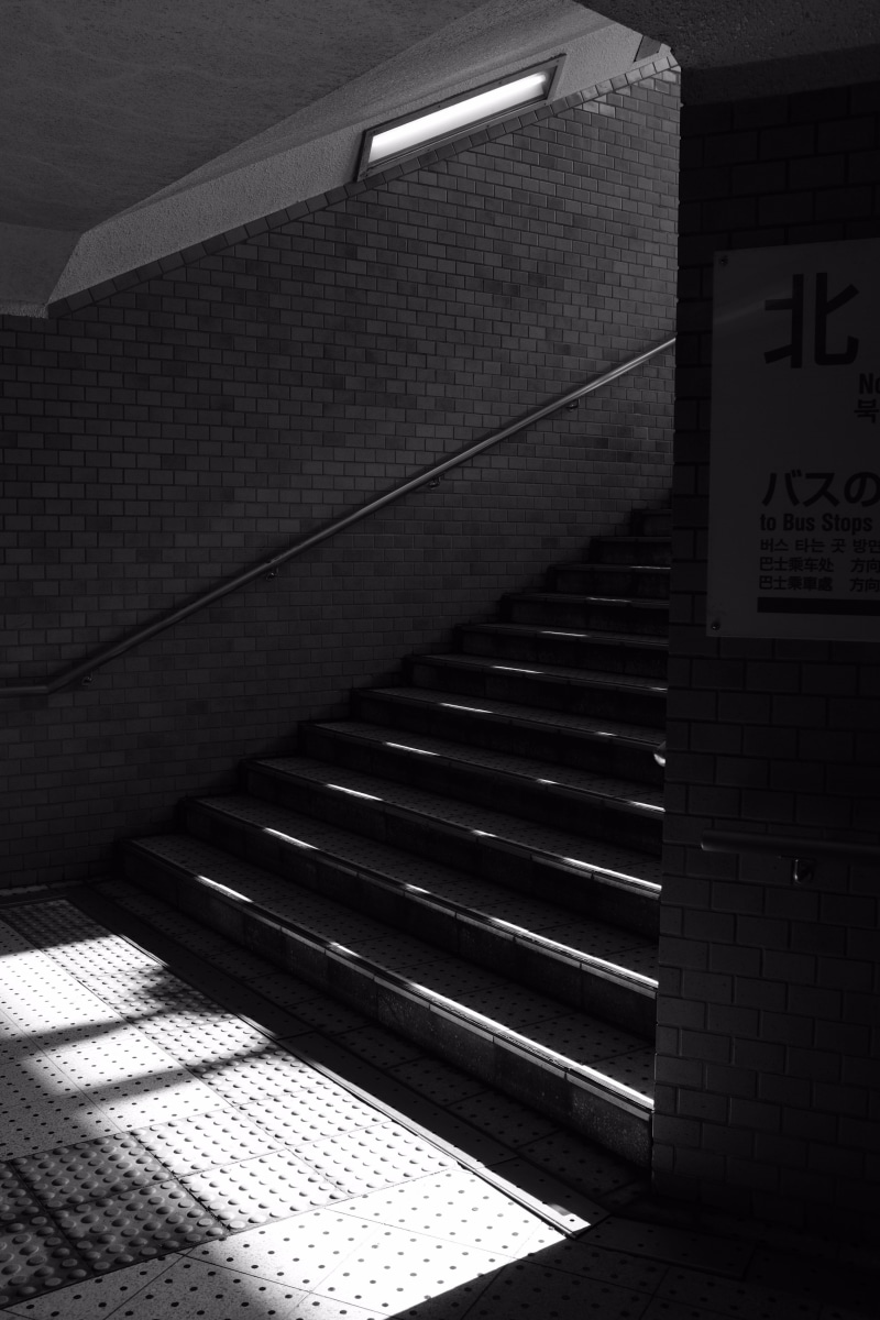 ceiling, railing, brick, building, flooring, built structure, transportation, bnw, architecture, lighting, banister, matsuyama, 4K, stairs, staircase