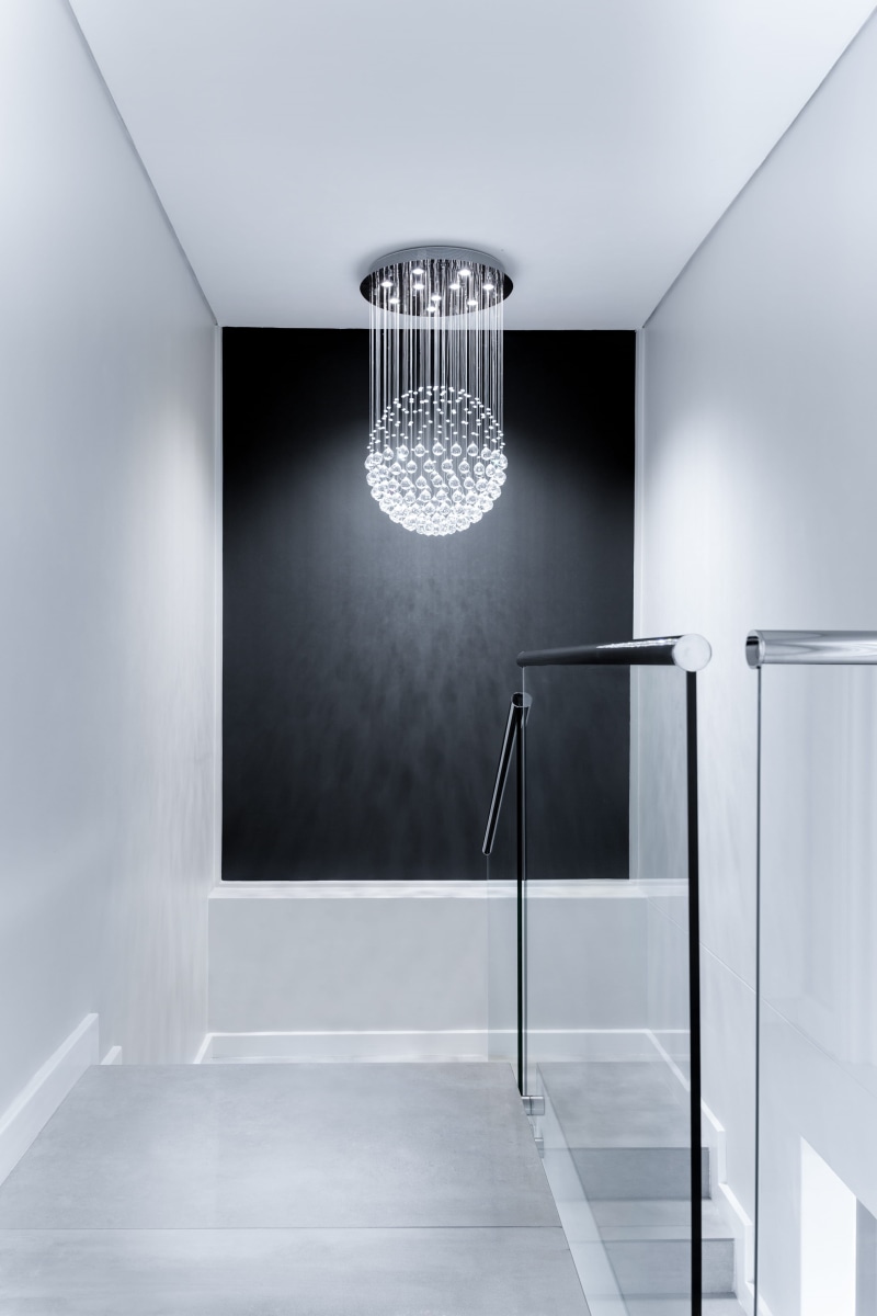 glass, home showcase interior, stairs, domestic room, hall, no people, electric lamp, design, door, clean, shiny, chandelier, lamp, inside, wall, metal