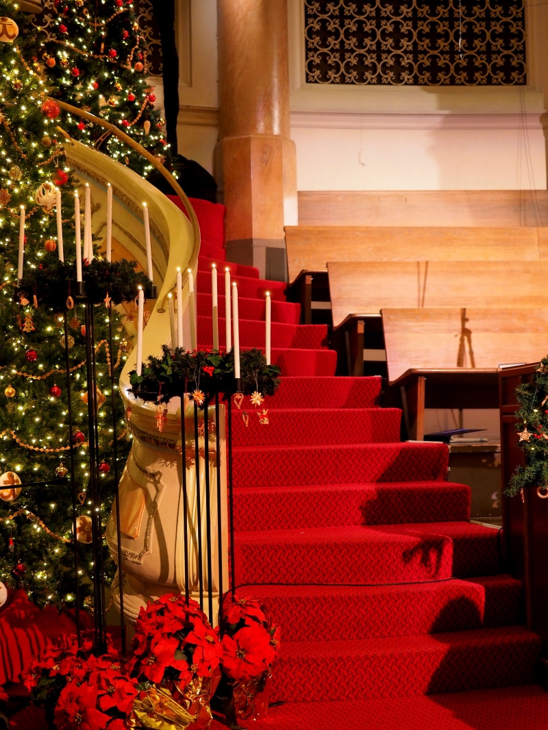 no people, flower, christmas decoration, interior design, tree, event, flower arrangement, holiday, holiday - event, decorations, red, steps and staircases