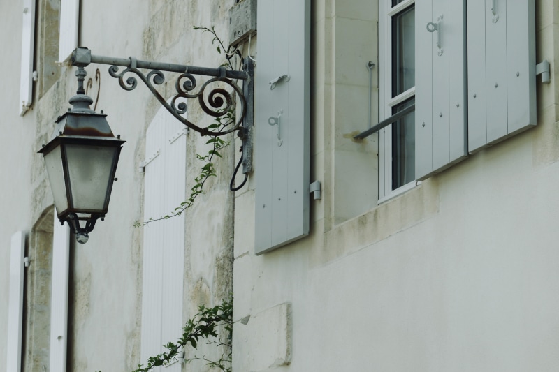 white color, residential district, building exterior, built structure, window, ivy, blossom, flagstone, lamp post, shutter, jar, street, curtain, 5K, electric lamp