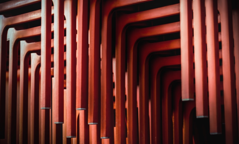 shrine, transportation, vehicle, pattern, torii, orange color, day, indoors, train, arch, wood, place of worship, handrail, banister, art, 4K, belief