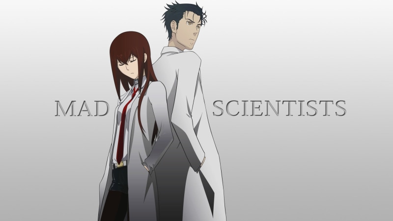 Okabe Rintarou, creativity, text, advertisement, 1080P, indoors, hairstyle, mad, anime, western script, digital composite, young adult, Makise Kurisu