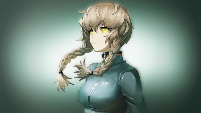 anime girls, 720P, front view, young adult, portrait, gray, studio shot, blond hair, beautiful woman, Amane Suzuha, digital composite, standing, vignette