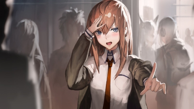 Steins;Gate, one person, hands on head, art and craft, waist up, holding, front view, tie, men, women, indoors, creativity, occupation, Makise Kurisu, portrait