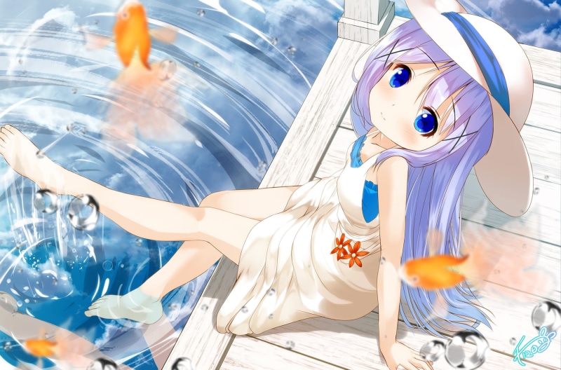 summer, hat, chinomaron, 262287, konachan, water, barefoot, fish, hair, chino, kafuu, purple, animal, long, com, loli, blue, dress, blush, 720P, signed