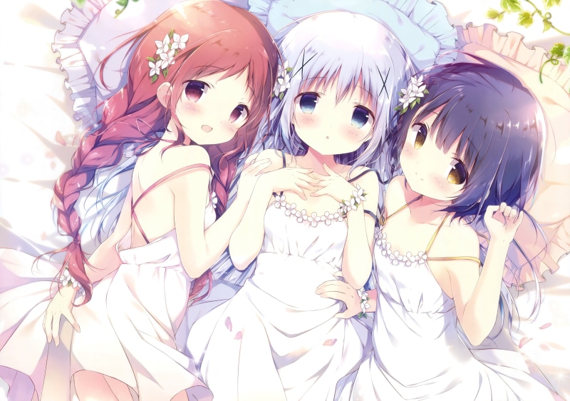 fan art, white dress, anime girls, Jouga Maya, Kafuu Chino, anime, loli, Gochuumon wa Usagi Desu ka, Natsu Megumi, 4K, Gochuumon wa Usagi Desu ka?